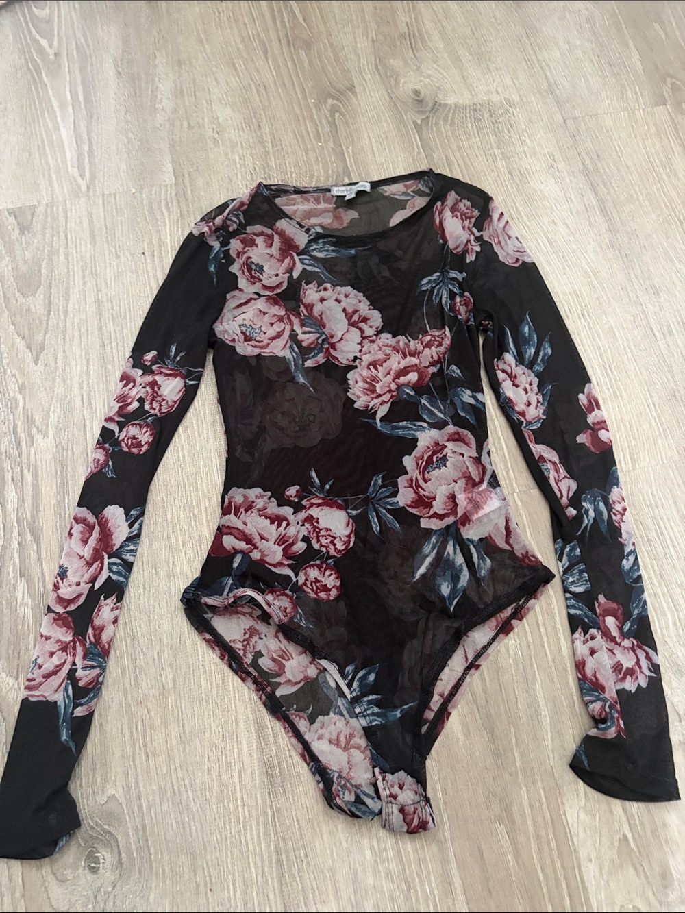 Sheer Black Floral Long Sleeve Bodysuit - Pink Rose Print